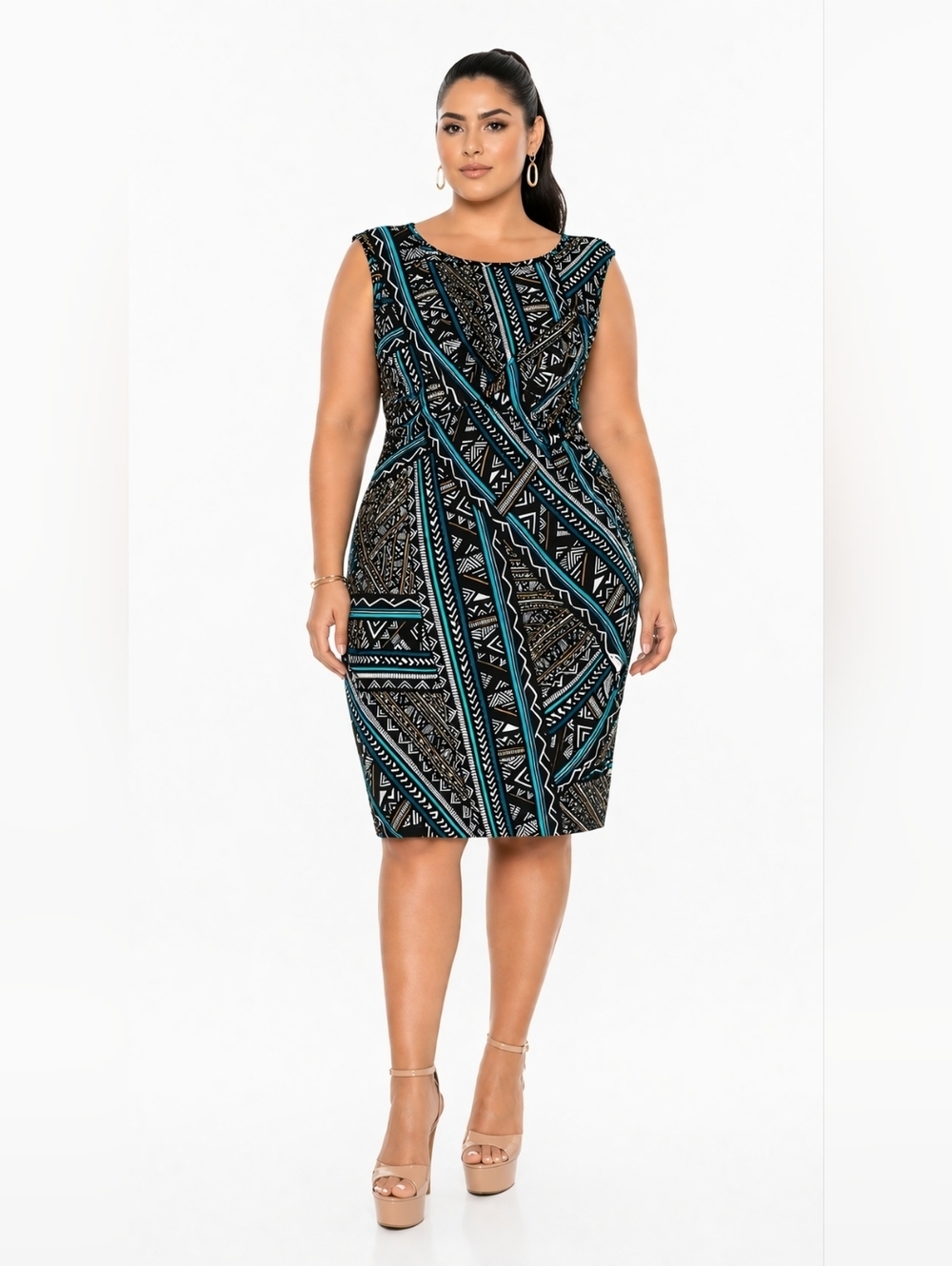 Cato Sleeveless Black Teal Geometric Print Sheath Dress Size M.